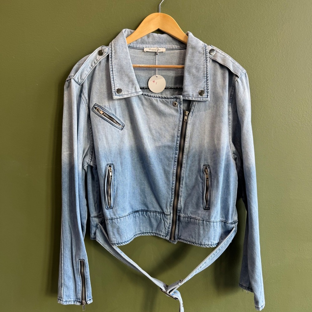 Wisteria Lane Stretch Denim Moto Jacket Zipper Belted NWT $78 Large Jean‎ #1